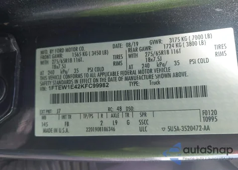 2019 Ford F-150 Xlt from USA, damaged, VIN 1FTEW1E42KFC99982